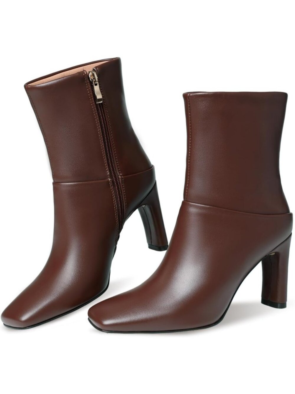 Women's Brown Faux Leather Square Toe Short Side Zipper High Heel Ankle Boots